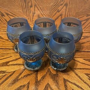 Vintage Blue Satin Finish Cordial Glasses (5) Wrapped in Metal Filigree Overlay